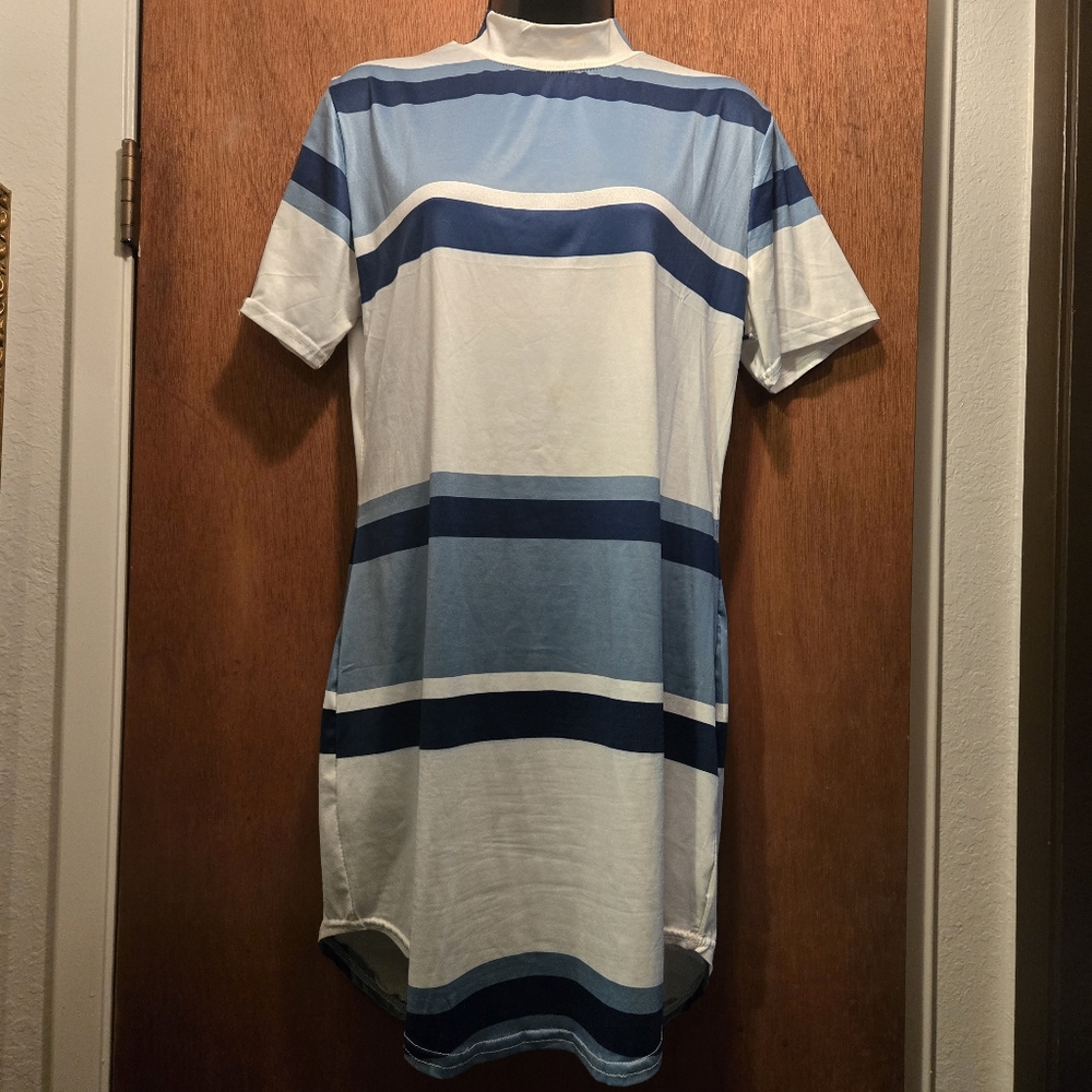 Free People NEW no tags striped whit&blue mock neck tunic/dress szXL - Picture 2 of 9
